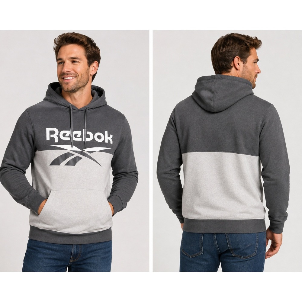 Reebok Mens Logo Colorblock Fleece Hoodie Gray Charcoal Pullover S 3037